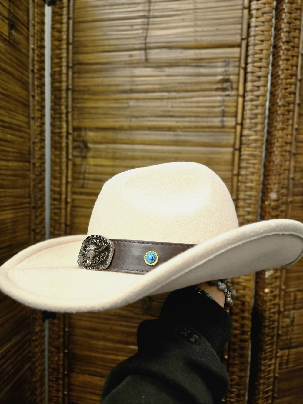 Cream Felted Western Cowboy Hat w Brown Leather Concho Band